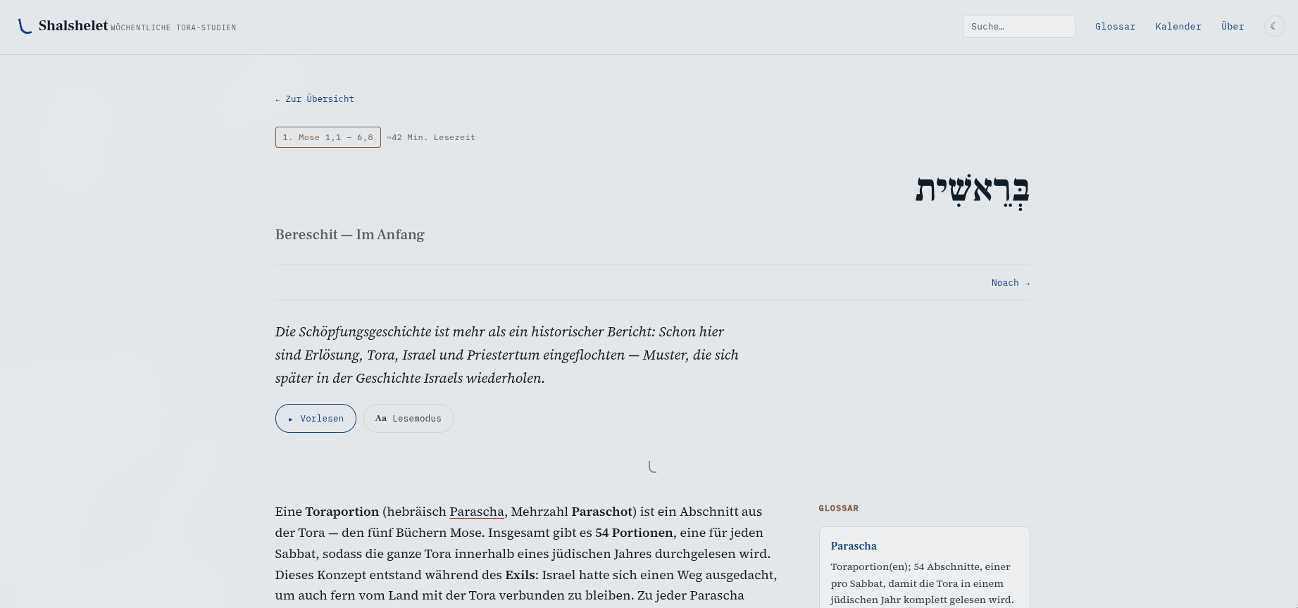 Shalshelet — Artikelansicht einer Parascha mit Glossar