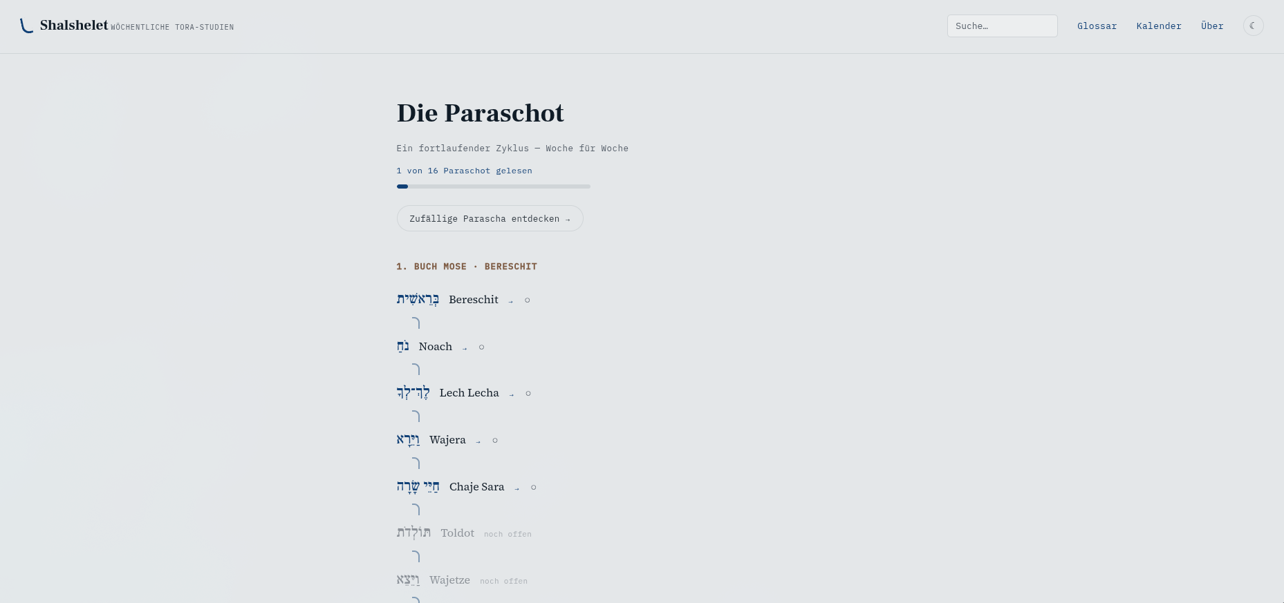 Shalshelet — Übersicht der Paraschot mit Lesefortschritt